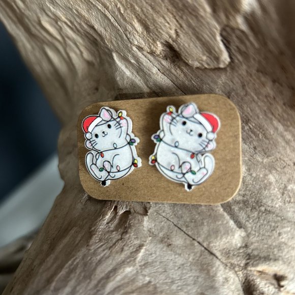 Cat Christmas Ear Post Stud Earrings Silver Tone Multicolor-Acrylic - Picture 3 of 3